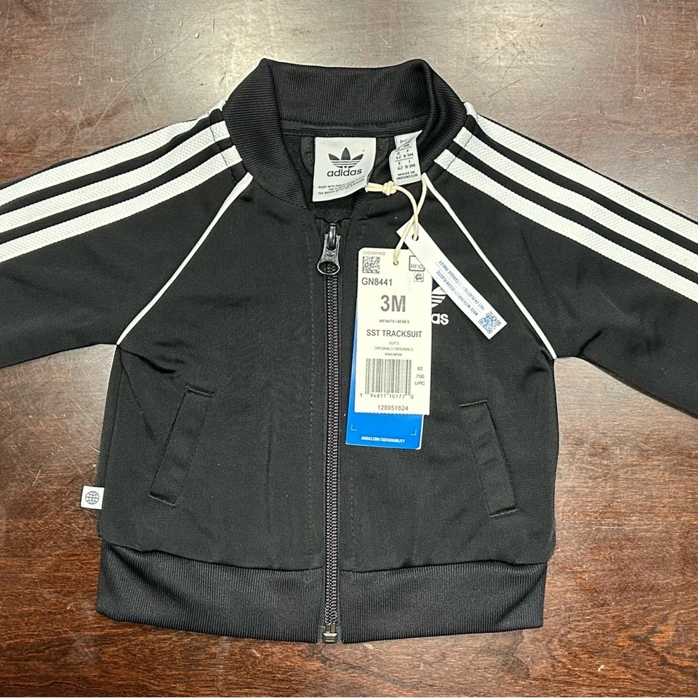 adidas Black Kids Jacket with White Stripes - Picture 2 of 4